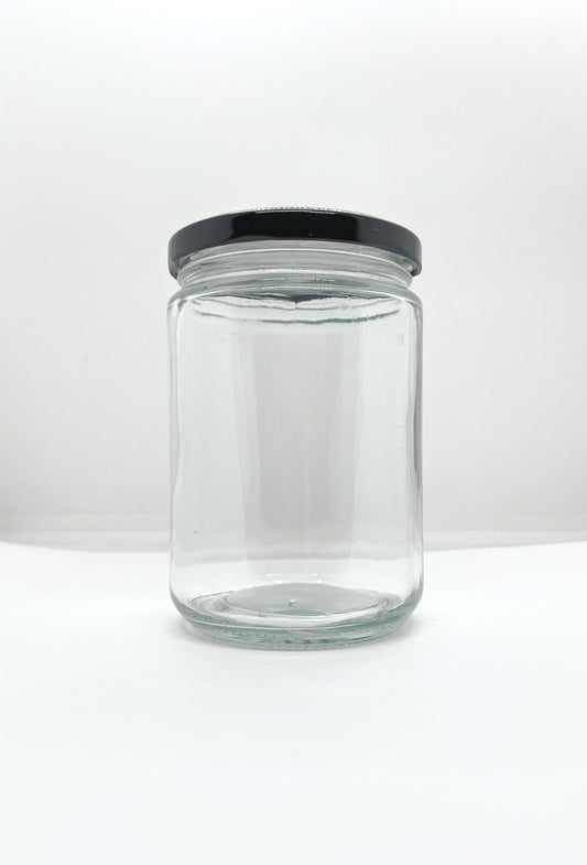 560mL. Clear Round Straight Cut Glass Jar and Lid (Net Fill Capacity: 490mL.+/-)